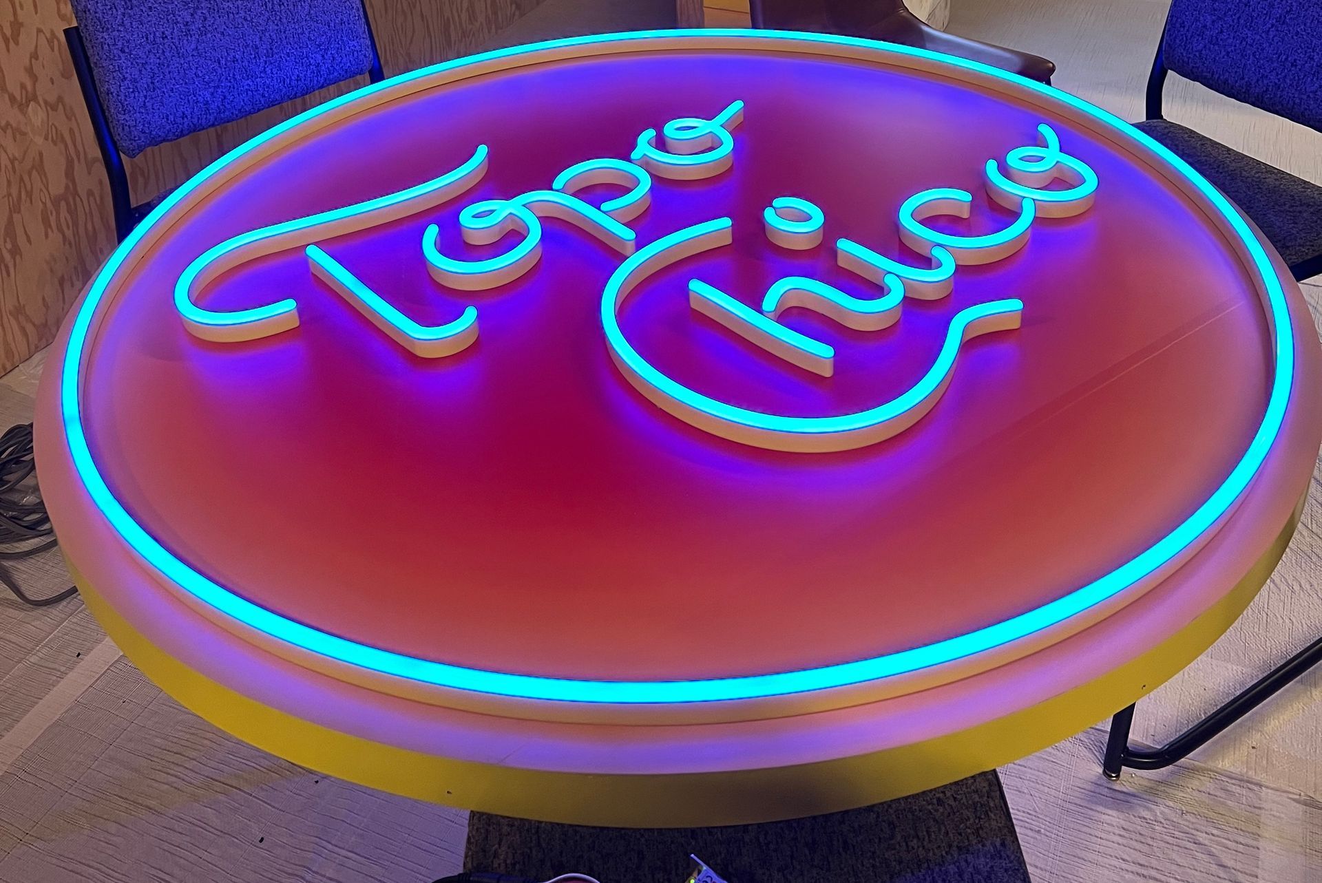 A circular sign reading 