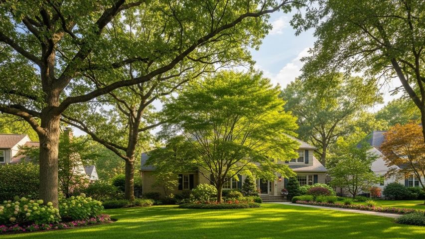 A two-story house with a green lawn, surrounded by large, lush trees under a bright blue, partly cloudy sky.