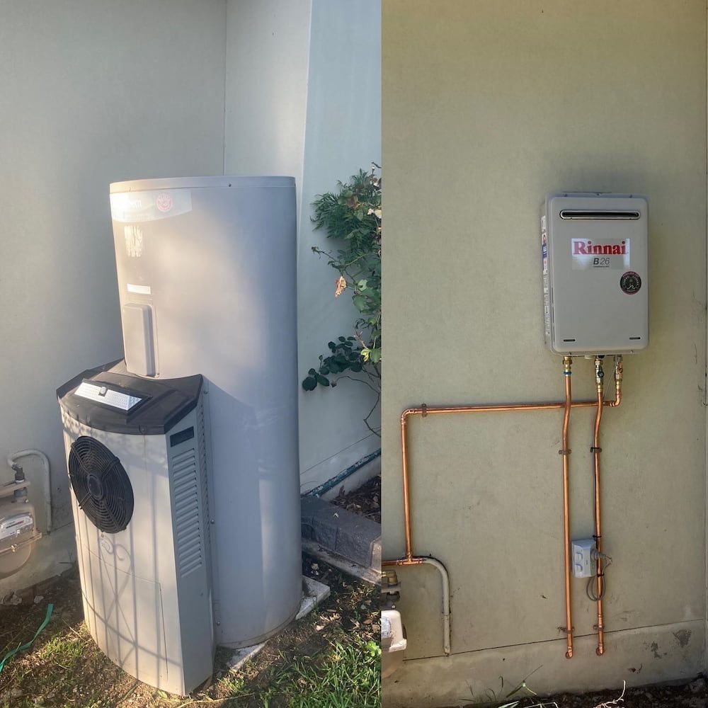Two Outdoor Water Heaters: a Large Tank Unit and a Smaller, Wall-mounted Unit — Corrimal Plumbing Services in Woonona, NSW