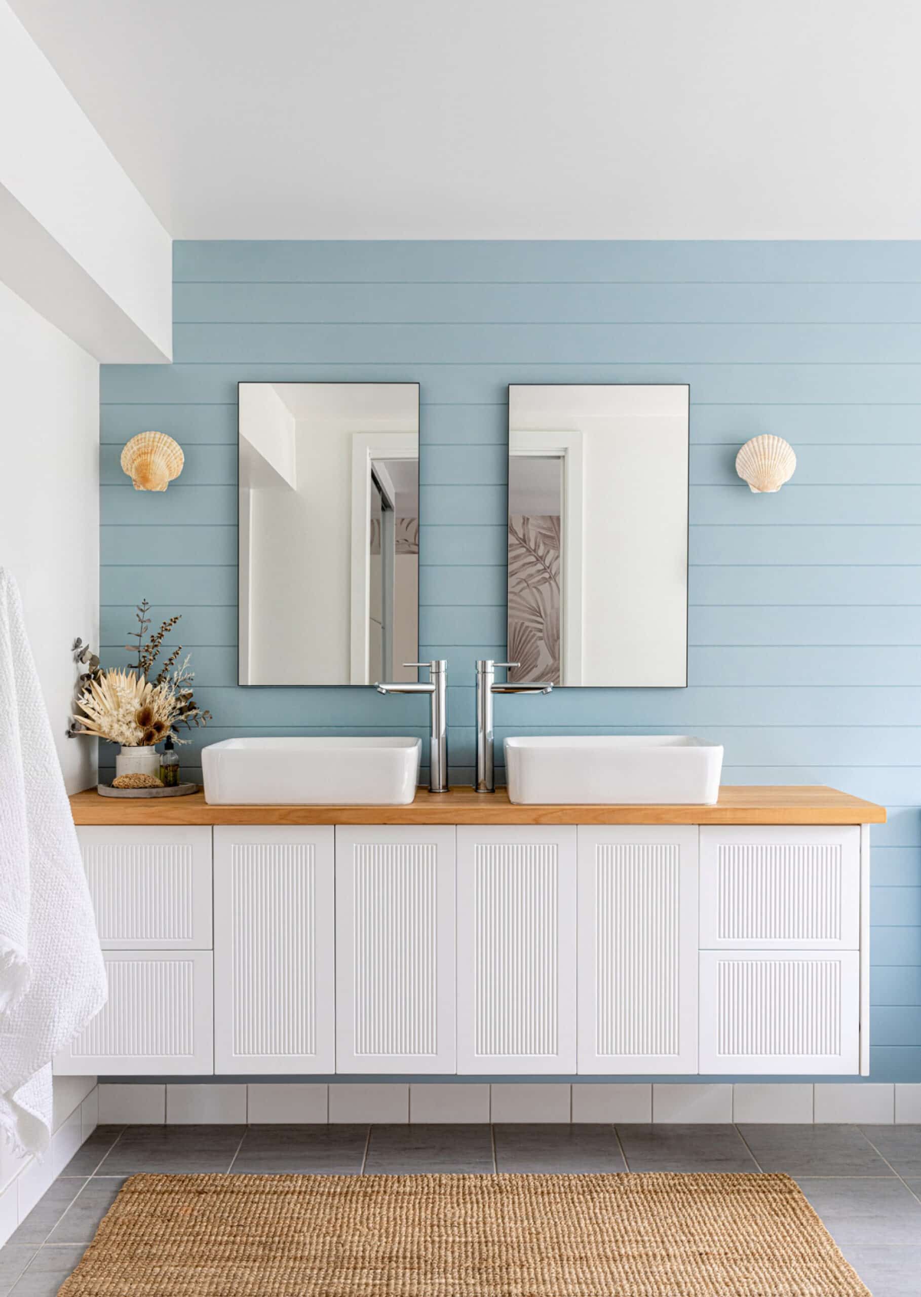 Bathroom With Blue Horizontal Plank Wall — Corrimal Plumbing Services in East Corrimal, NSW