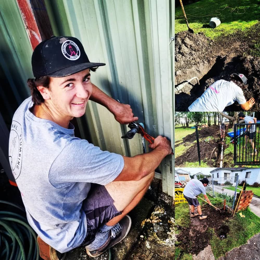 Man Hammering Metal Siding, Smiling, Wearing a Baseball Cap — Corrimal Plumbing Services in East Corrimal, NSW