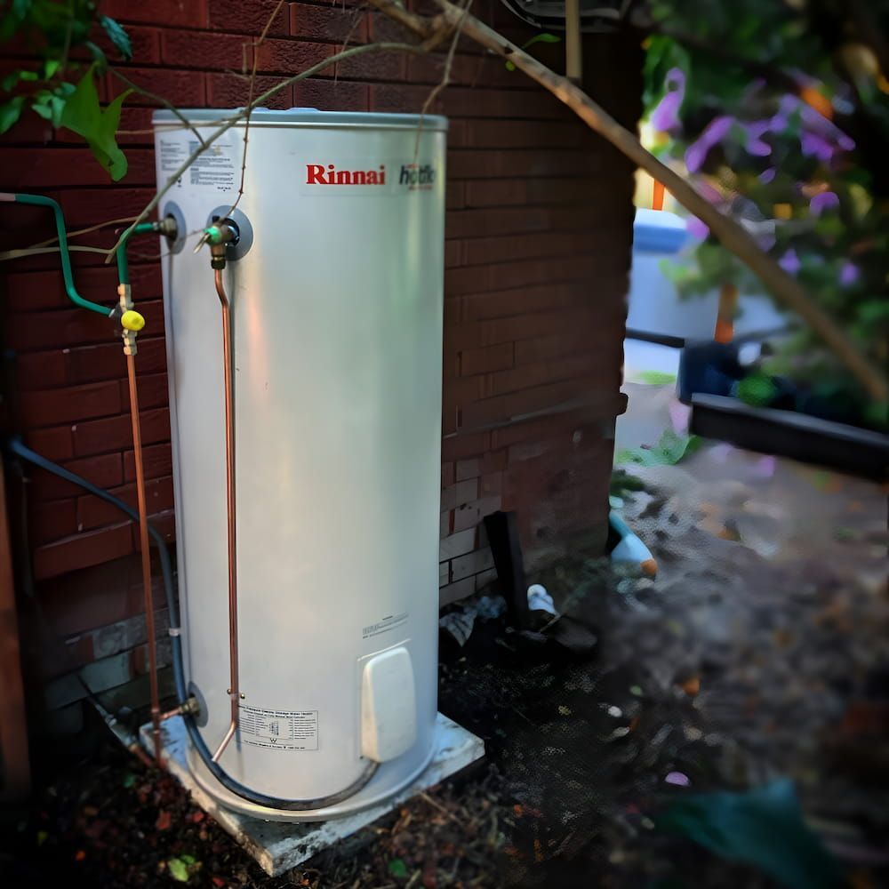 Rinnai Hot Water Heater Outdoors, Cylindrical, Metal Near Brick Wall — Corrimal Plumbing Services in Shellharbour, NSW