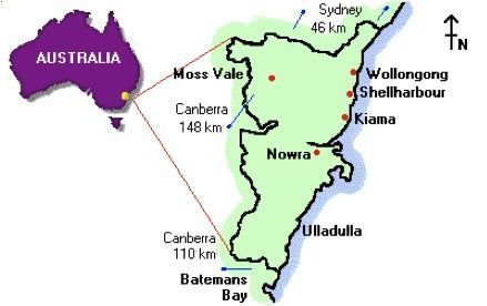 Map of a Region in Australia Showing Towns, Cities, and Distances — Corrimal Plumbing Services in East Corrimal, NSW