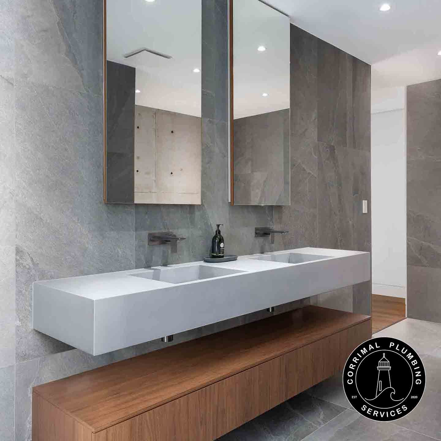 Modern Bathroom With Floating Double Sink — Corrimal Plumbing Services in East Corrimal, NSW