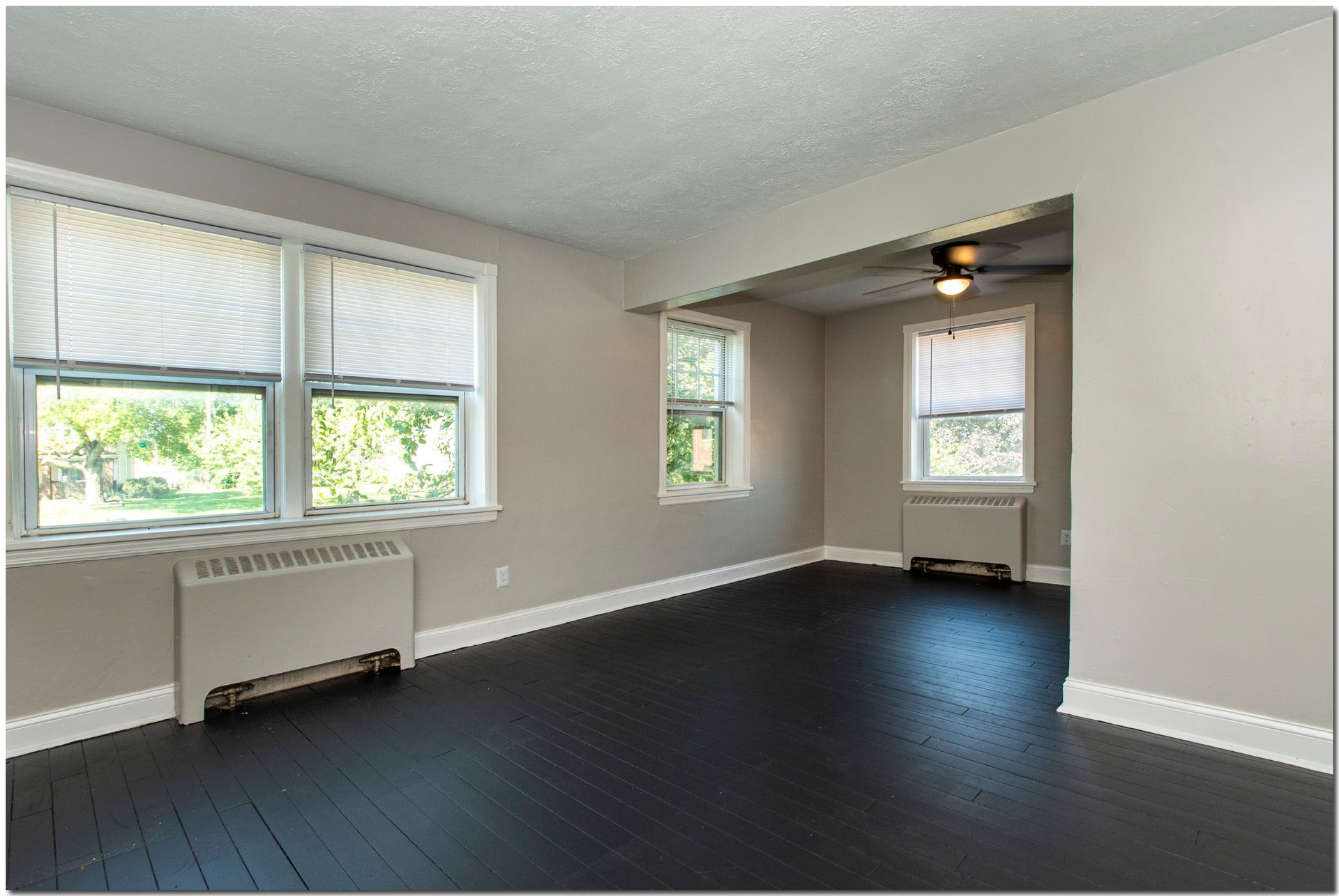 Empty room with dark wood floors, gray walls, white trim, and windows with blinds.
