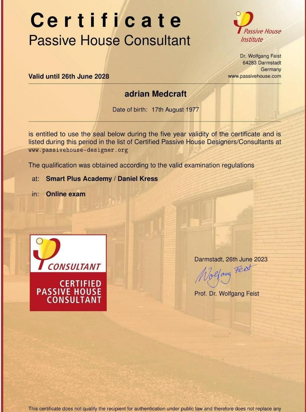 A Certificate for A Passive House Consultant — Green e Building in Lennox Head, NSW