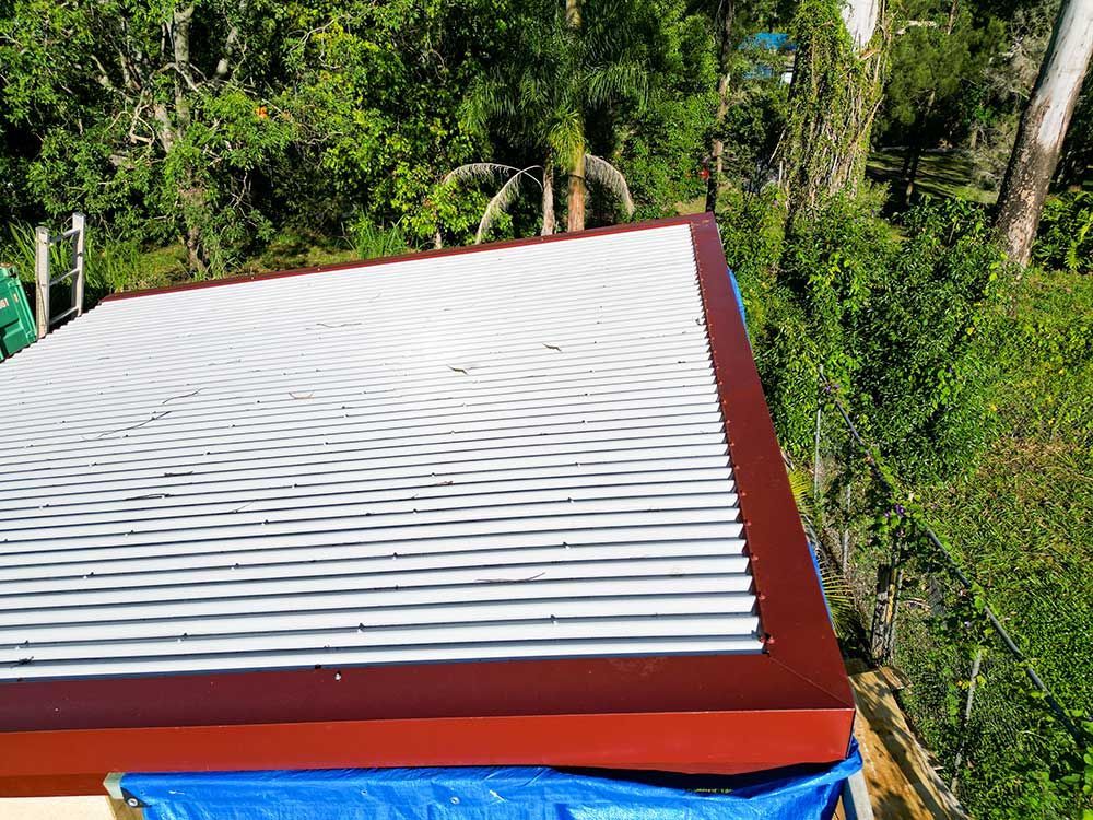 A Roof With A Red Trim Is Surrounded By Trees And A Blue Tarp — Green e Building in Murwillumbah, NSW