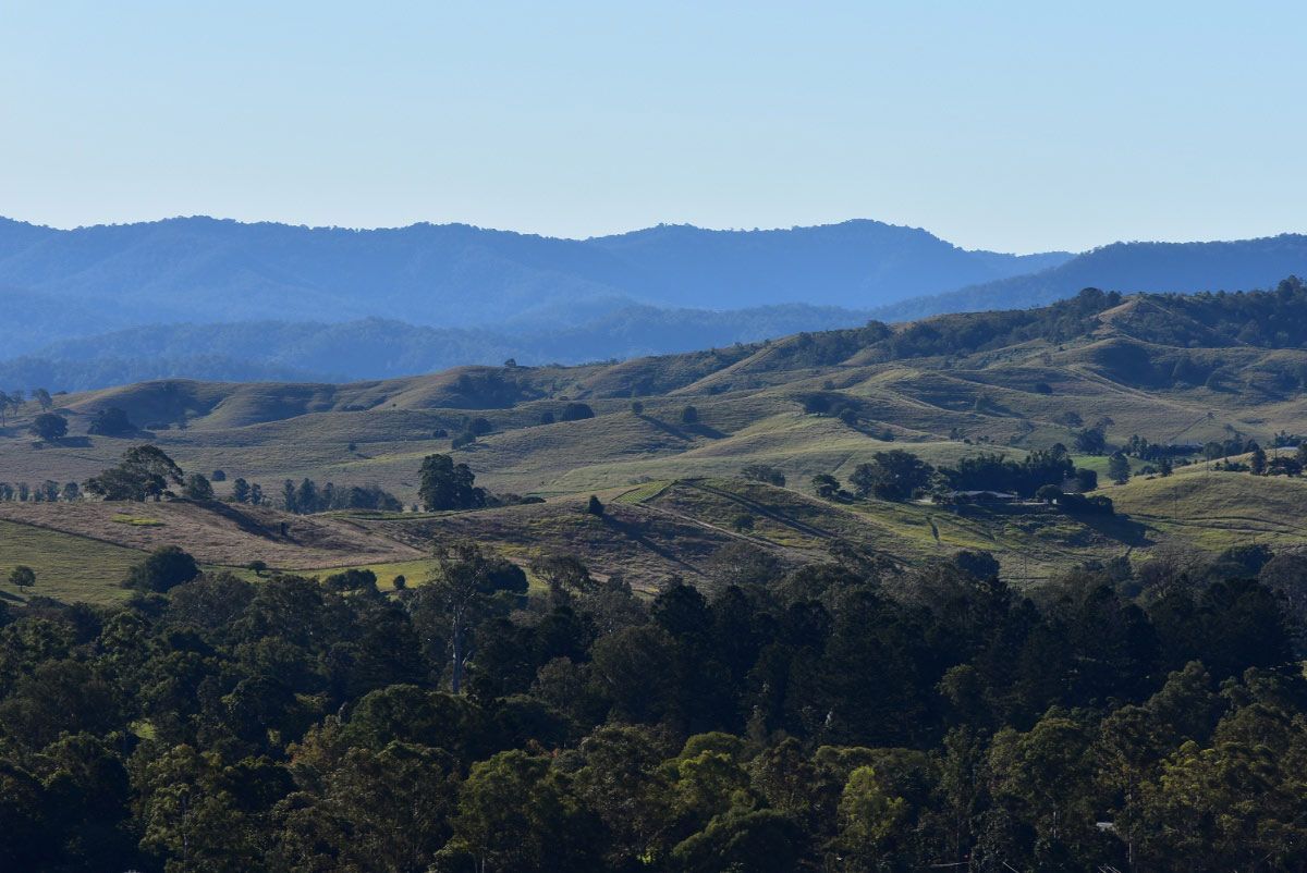 A View Of A Valley With Mountains In The Background And Trees In The Foreground — Green e Building in Kyogle, NSW