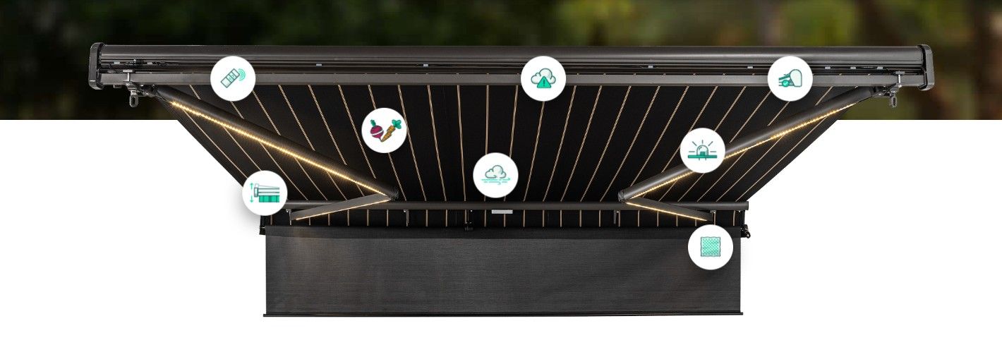 Patio with artificial grass, seating, string lights, and a retractable awning; brick wall on right.