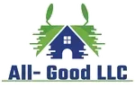 Logo for All-Good LLC: A blue house with green accents, two green leaves and company name 