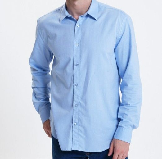 Hombre que lleva una camisa azul claro abotonada, de pie en el interior.