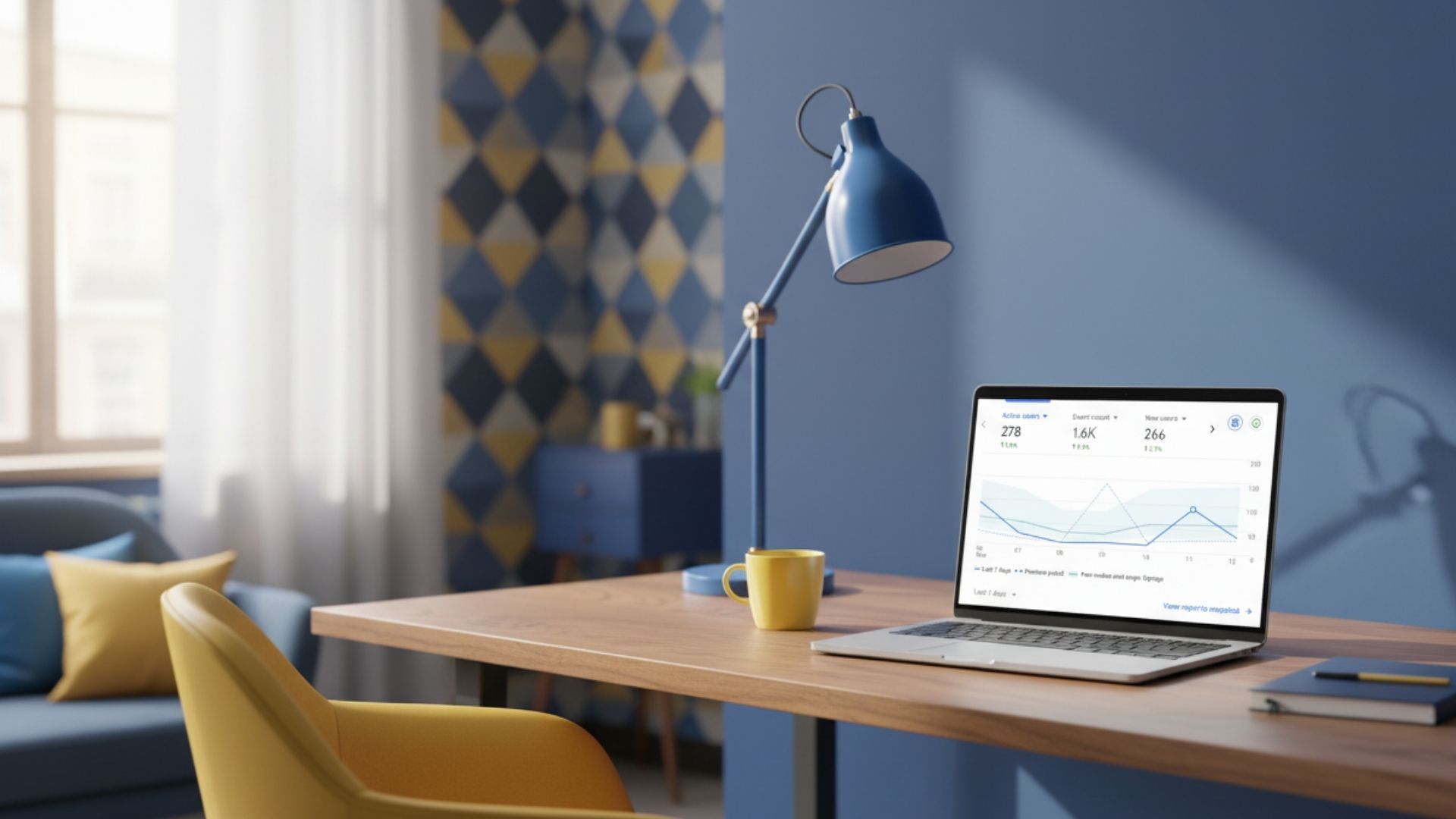 Laptop displaying graphs on a desk with lamp and yellow mug in a blue and yellow room.
