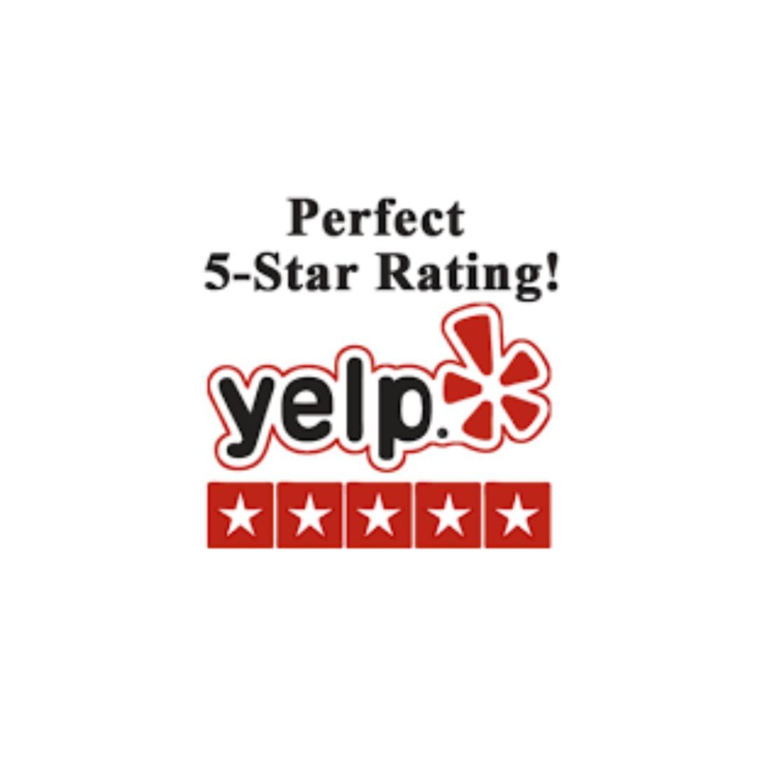A yelp logo that says perfect 5 star rating