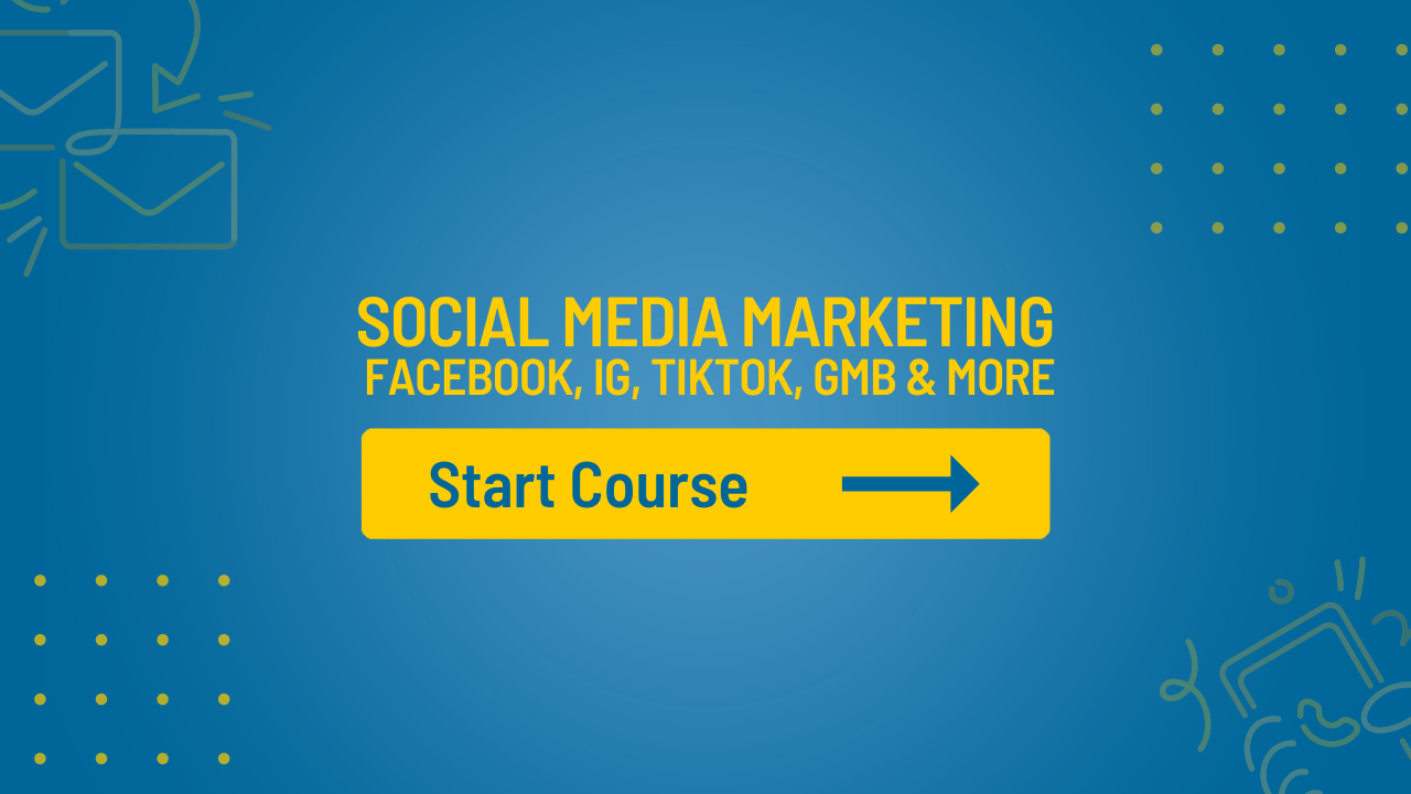 A blue background with a yellow arrow pointing to a start course button.