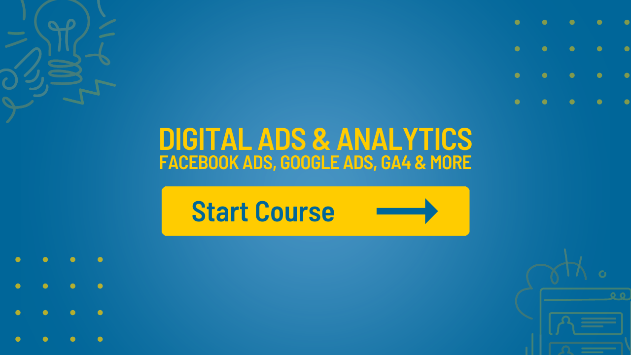 A blue background with a yellow arrow pointing to a start course button.