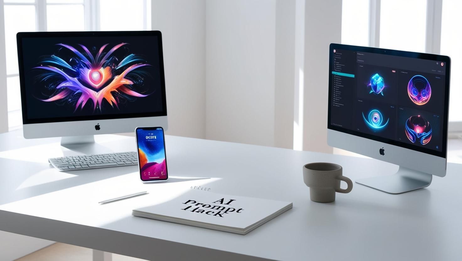 Two computer monitors , a cell phone , a cup , and a notebook are on a desk.