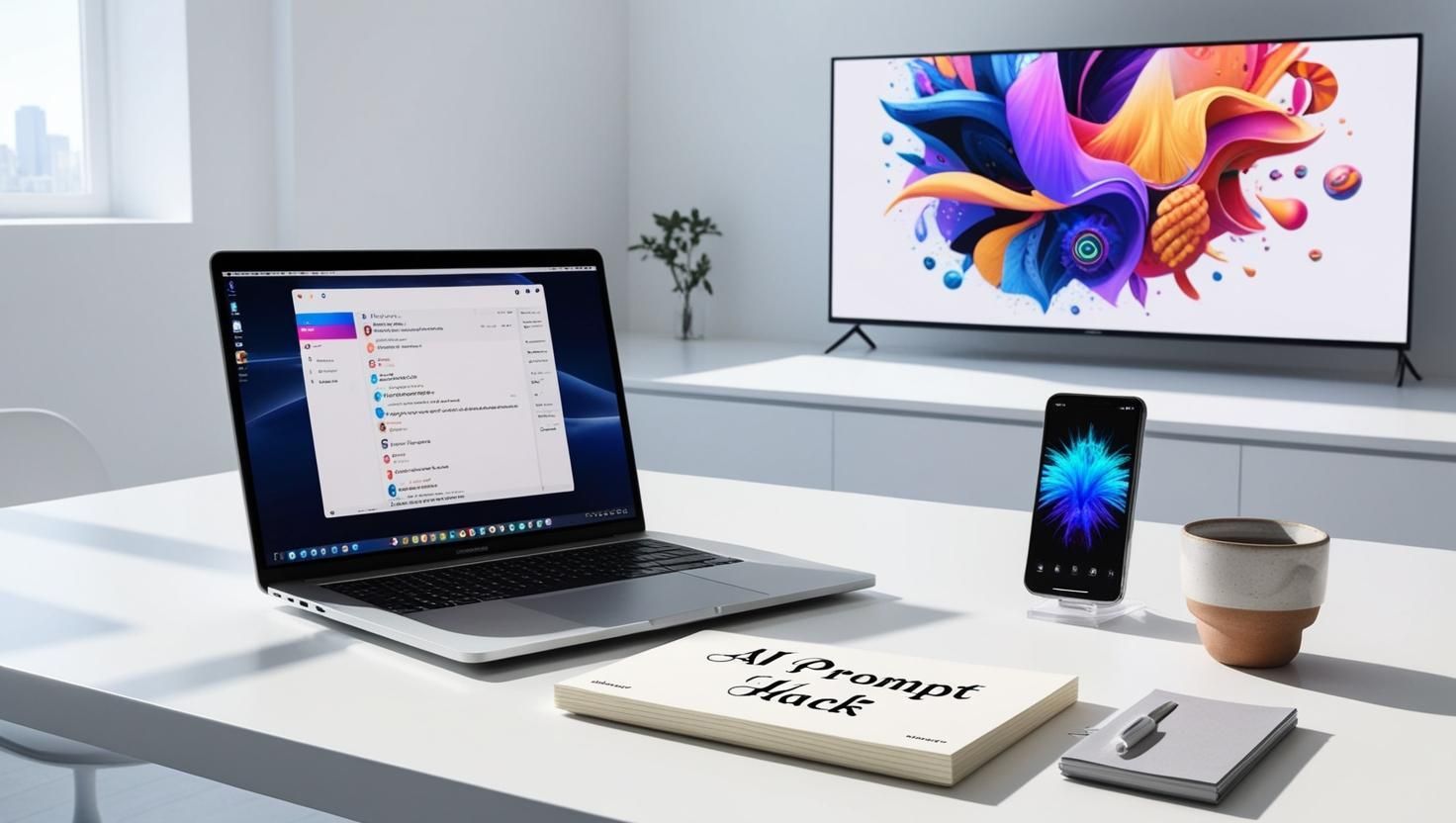 A laptop and a cell phone are on a desk in front of a television.