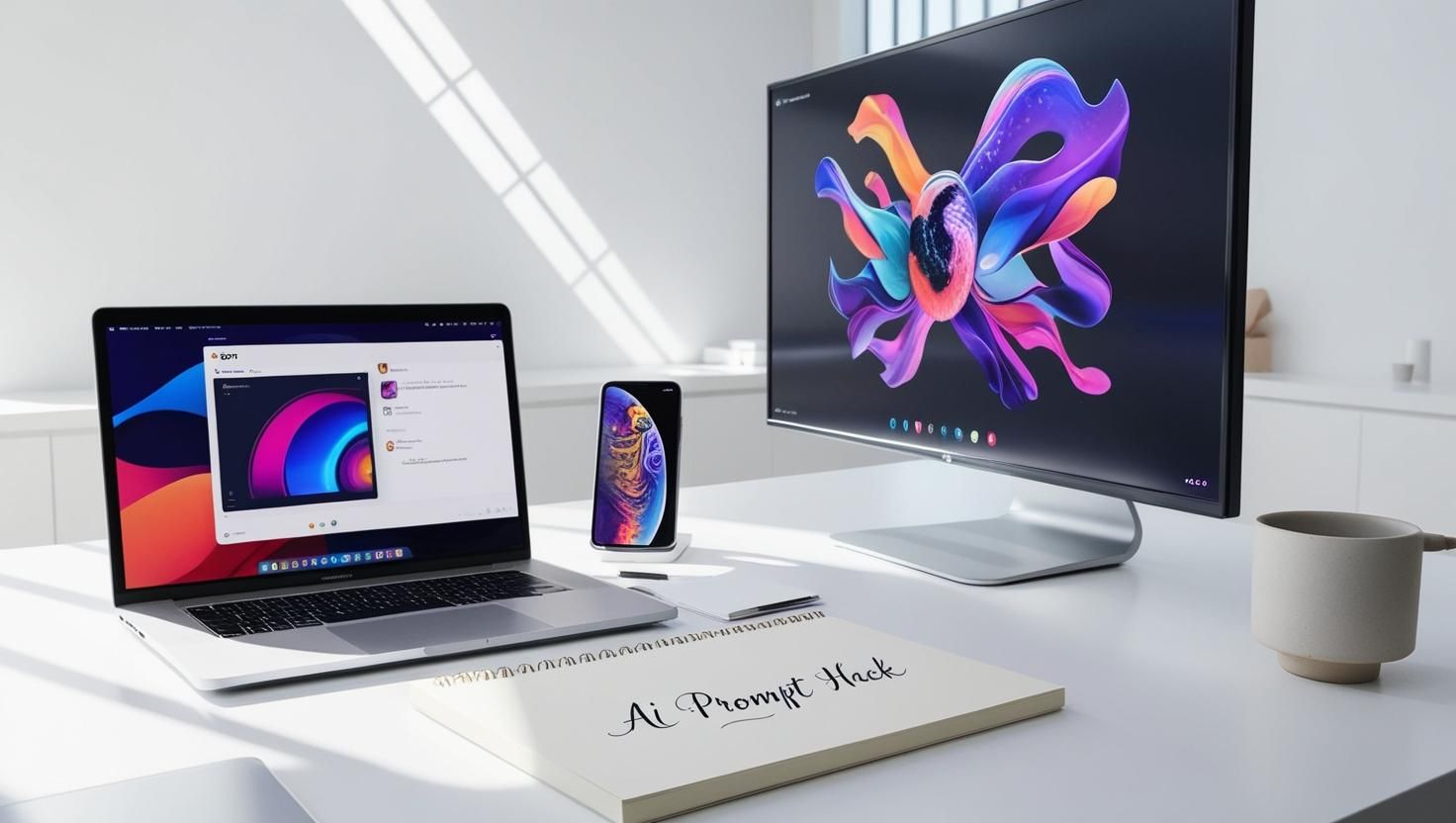 A laptop and a monitor are on a desk next to a notebook.