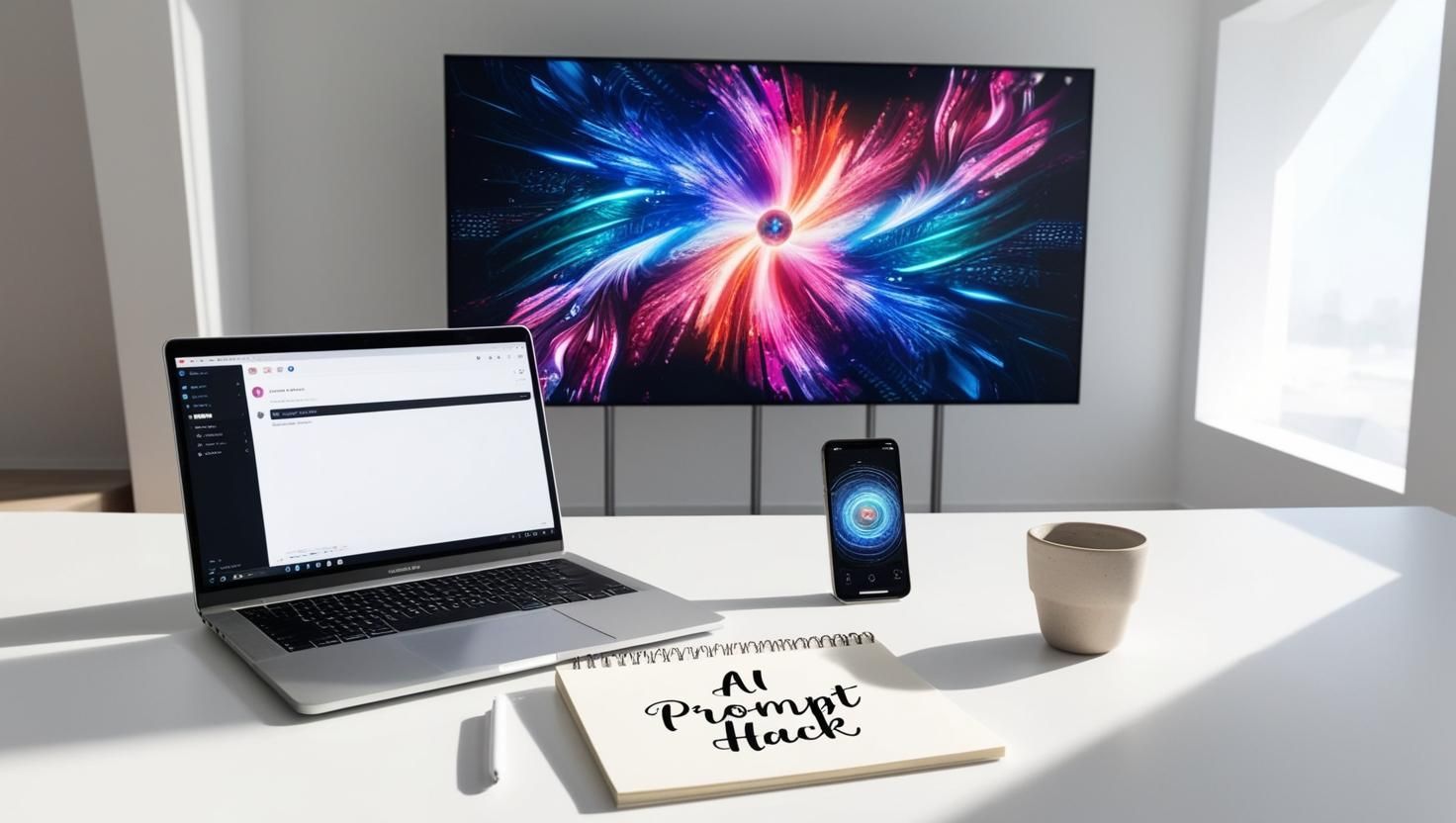 A laptop , cell phone , and notebook are on a desk.