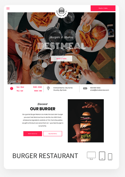 A screenshot of a burger restaurant website on a tablet.
