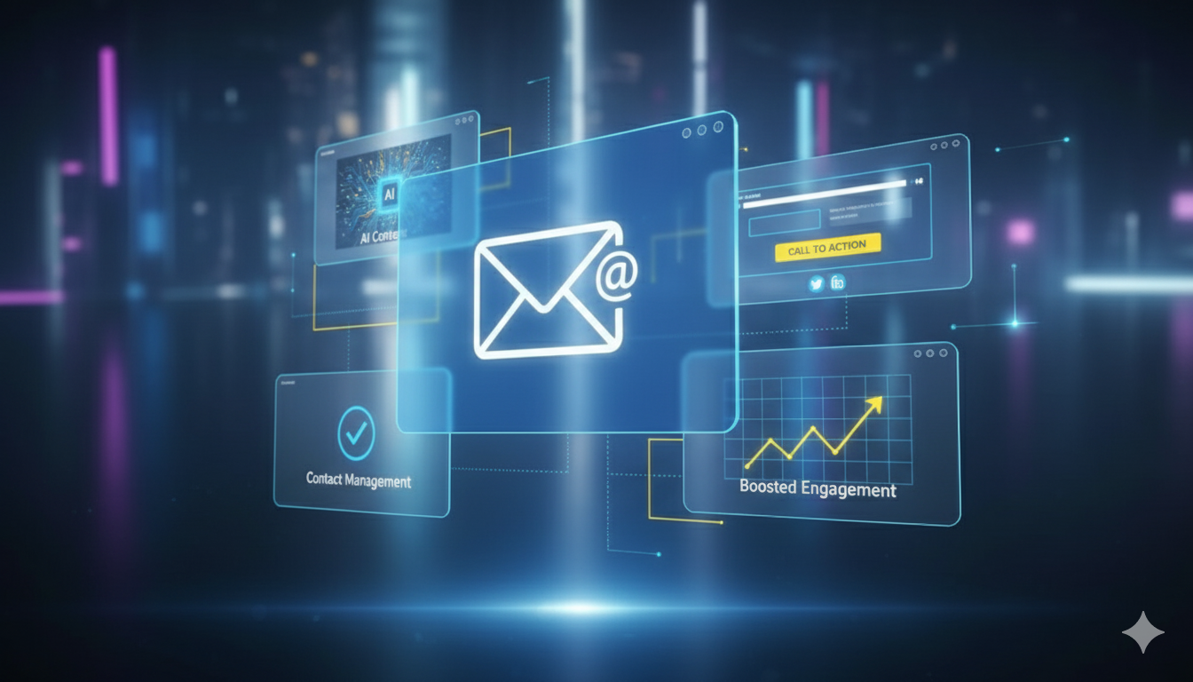 Email marketing graphic with glowing email icon and data visualization.