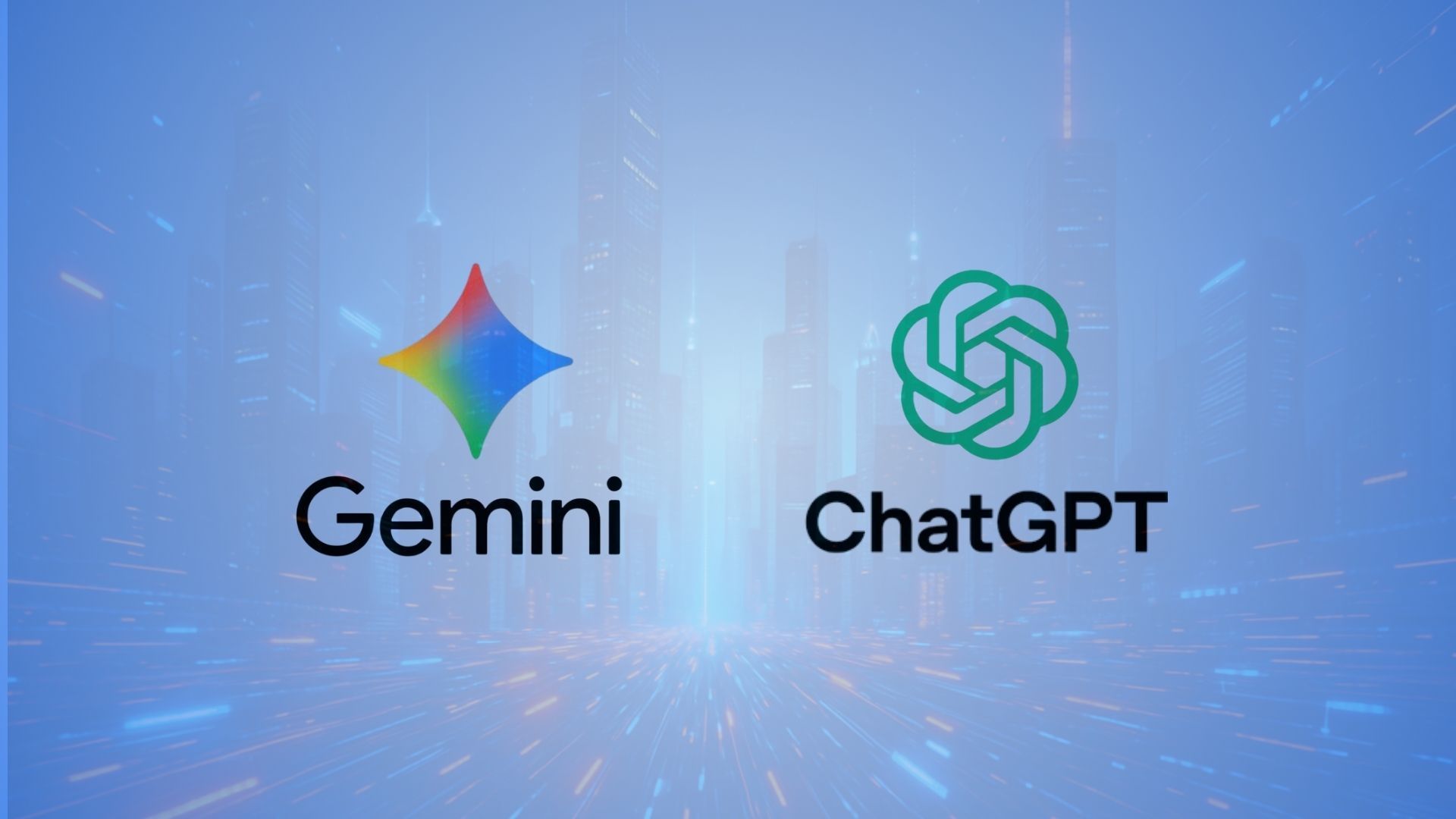 Logos for Gemini and ChatGPT side-by-side on a blue background with light streaks.