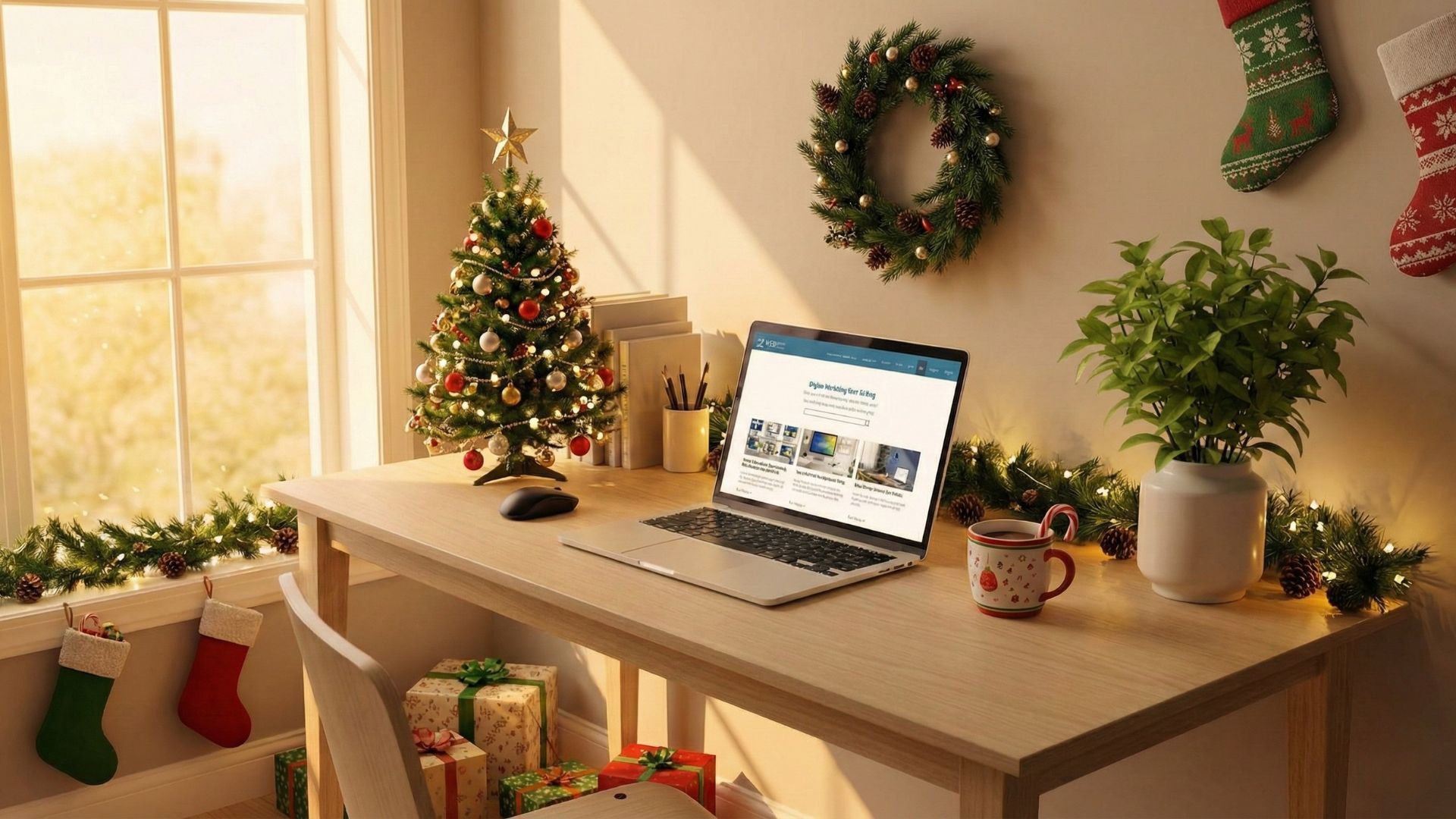 Laptop on a wooden desk near a window, books, plant, and framed sign on the wall.