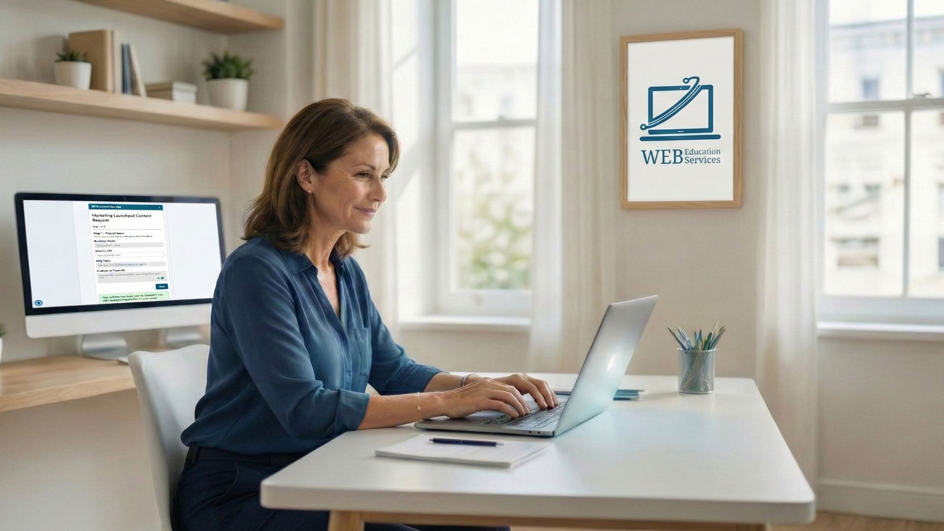 Woman working on laptop at desk in bright home office.