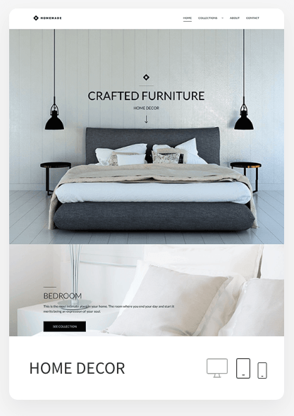 A tablet screen shows a bedroom with a bed and a couch.