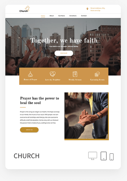 A church website with a picture of a man holding another man 's hand