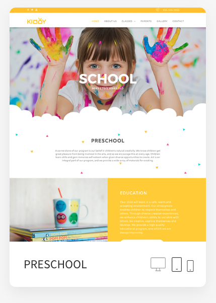 A website for a preschool with a girl with paint on her hands.