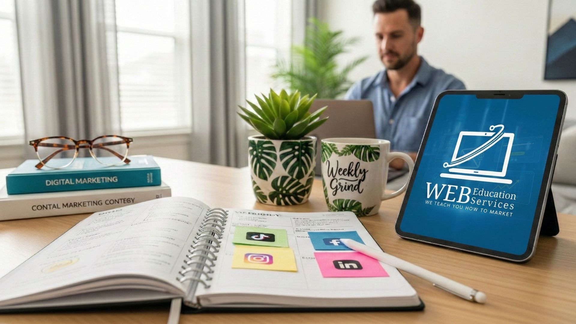 Man working remotely at a desk, tablet with web design logo, planner, social media icons, and plant.