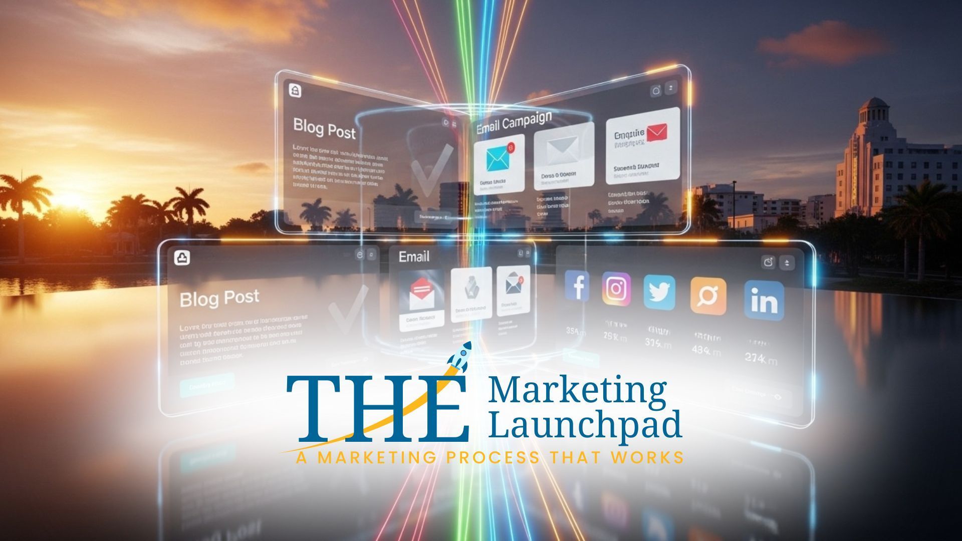 Digital display of the Marketing Launchpad podcast branding over a sunset lake scene.