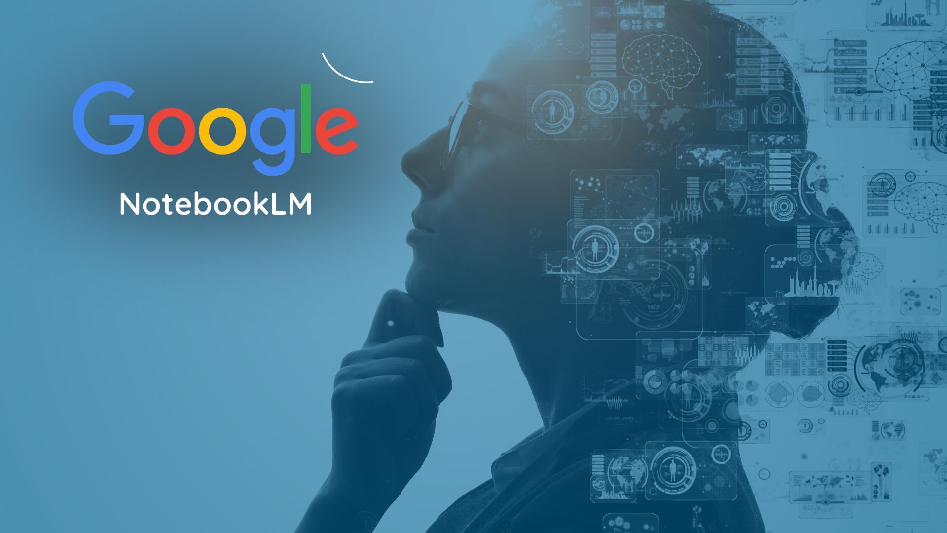 Google NotebookLM logo next to a person's profile, with a brain-like graphic overlaid, contemplating information.