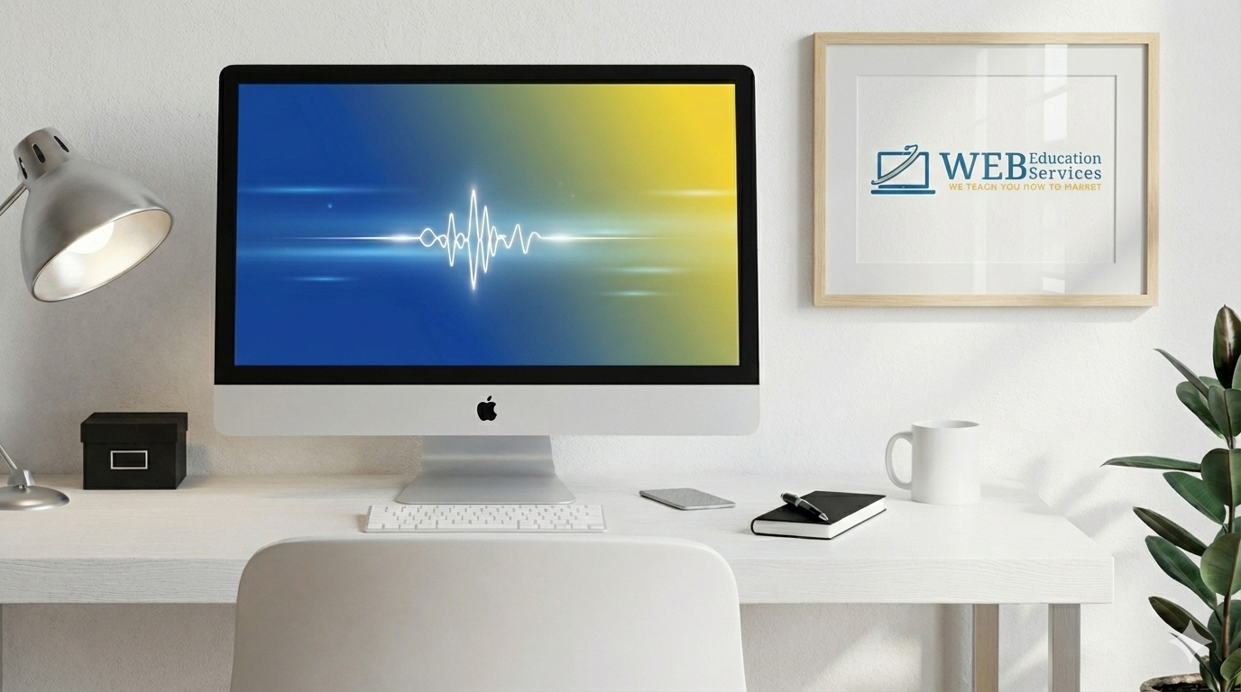 Desktop computer on a white desk, with a lamp and a framed logo; the screen displays a blue and yellow waveform.
