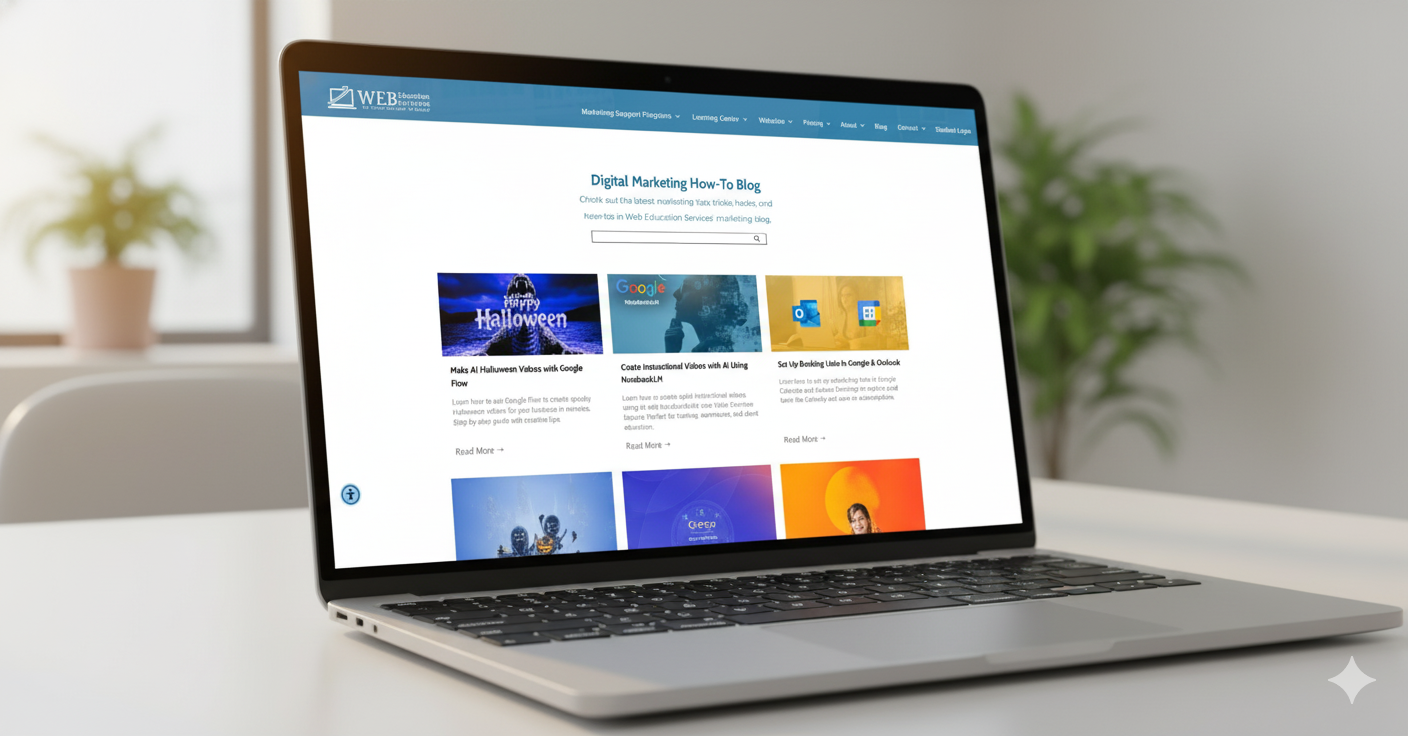 Laptop displaying a website with content blocks on a white desk. In the background a window and a potted plant are visible.