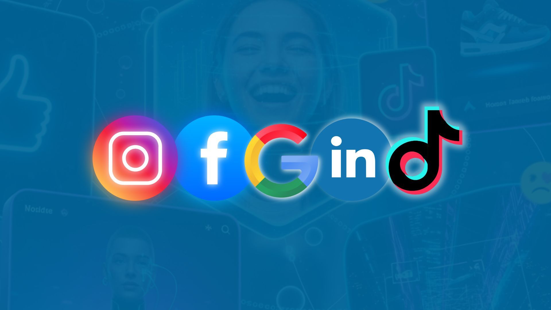 Social media logos (Instagram, Facebook, Google, LinkedIn, TikTok) against a blue digital background.