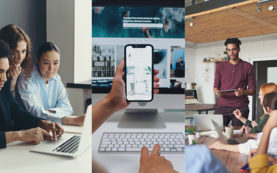 A collage of three pictures of people using computers and phones.