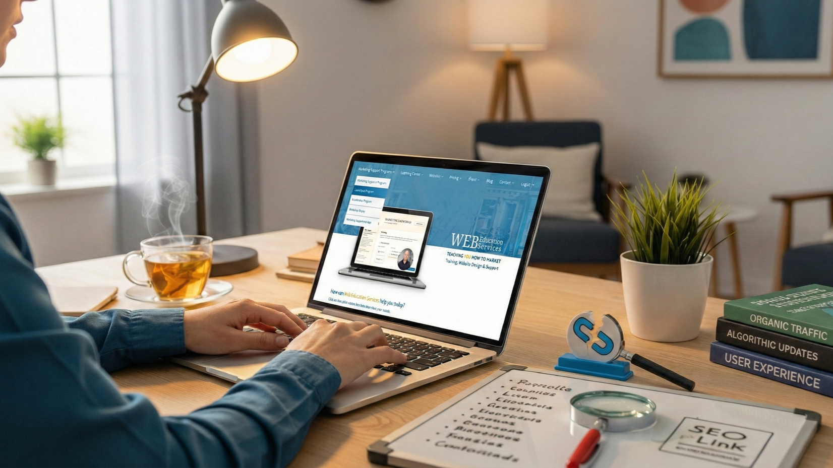 Person working on laptop at desk with tea and notes. Website screen is visible.
