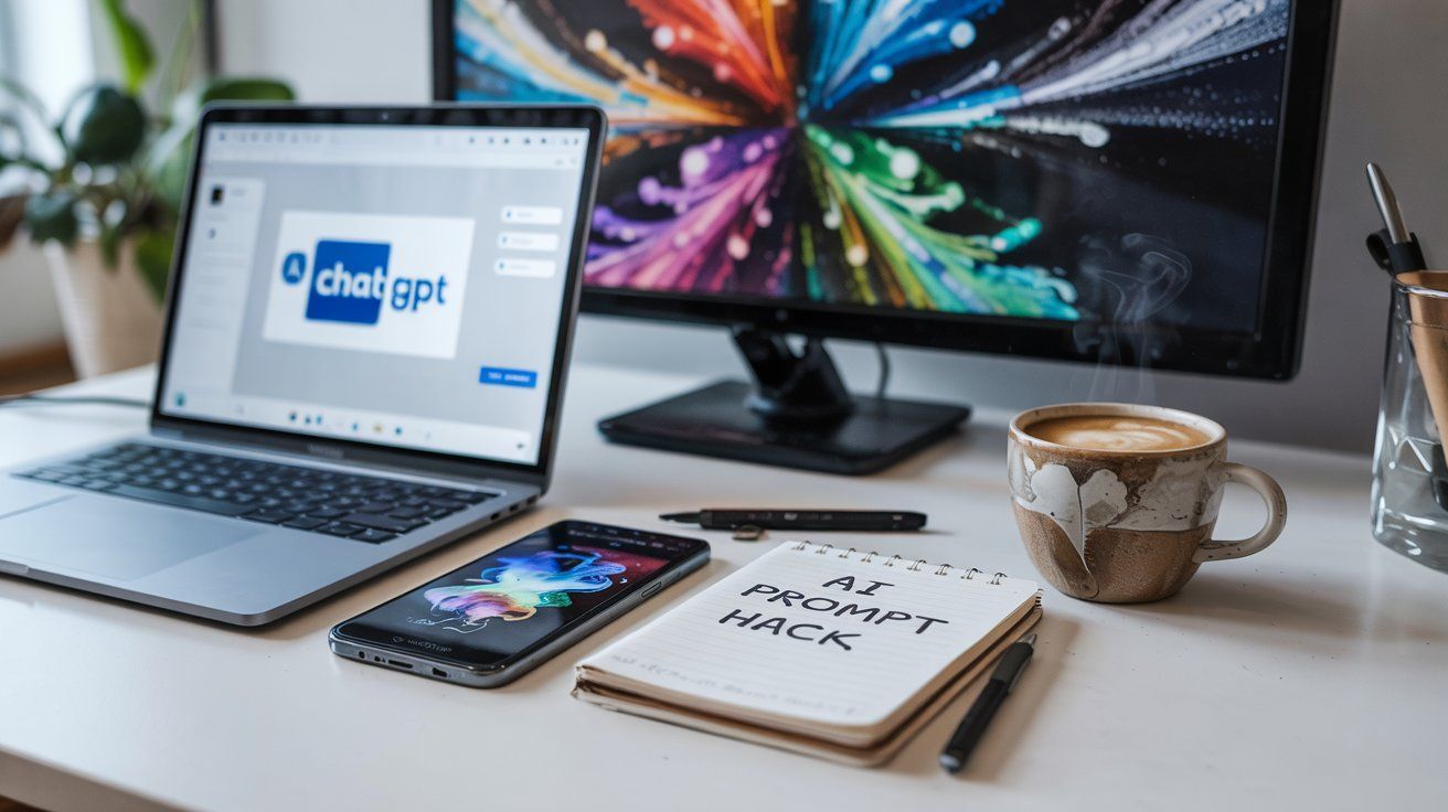 A desk with a laptop , monitor , cell phone , and notebook.
