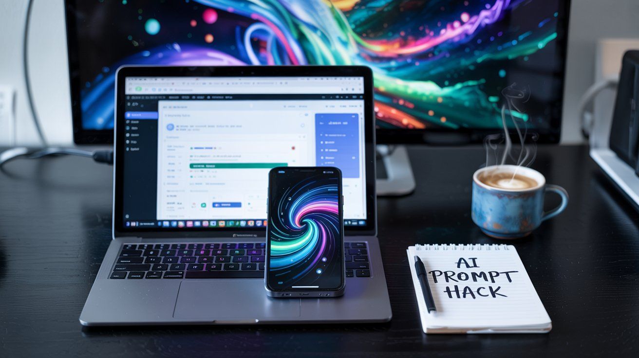 A laptop , cell phone , and notebook are on a desk.
