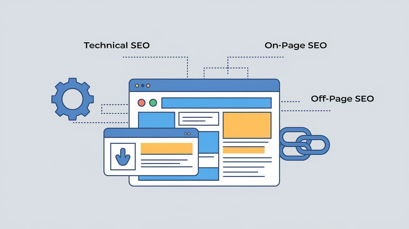 An illustration of technical seo on page seo and off page seo