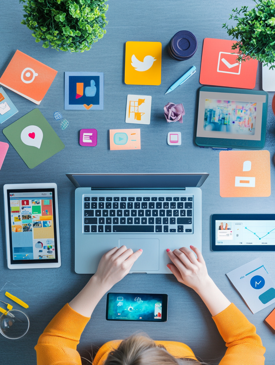 A woman is typing on a laptop computer surrounded by various electronic devices.