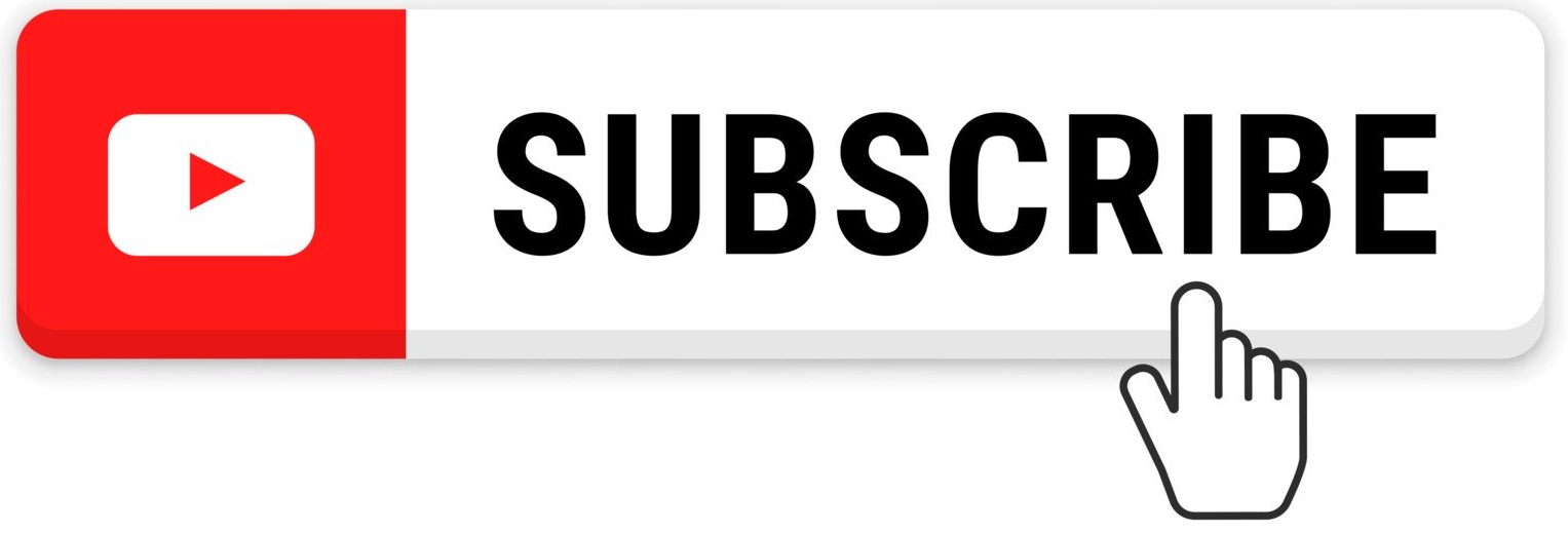 A subscribe button with a hand pointing at it on a white background.