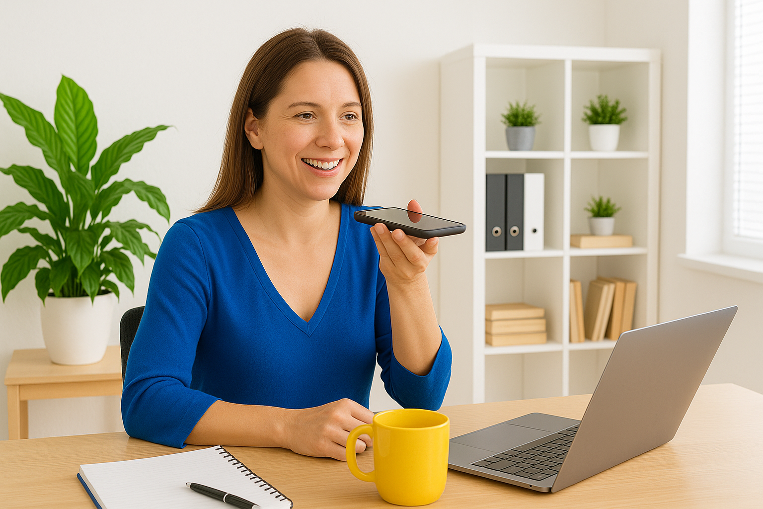 A woman is sitting at a desk talking on a cell phone.