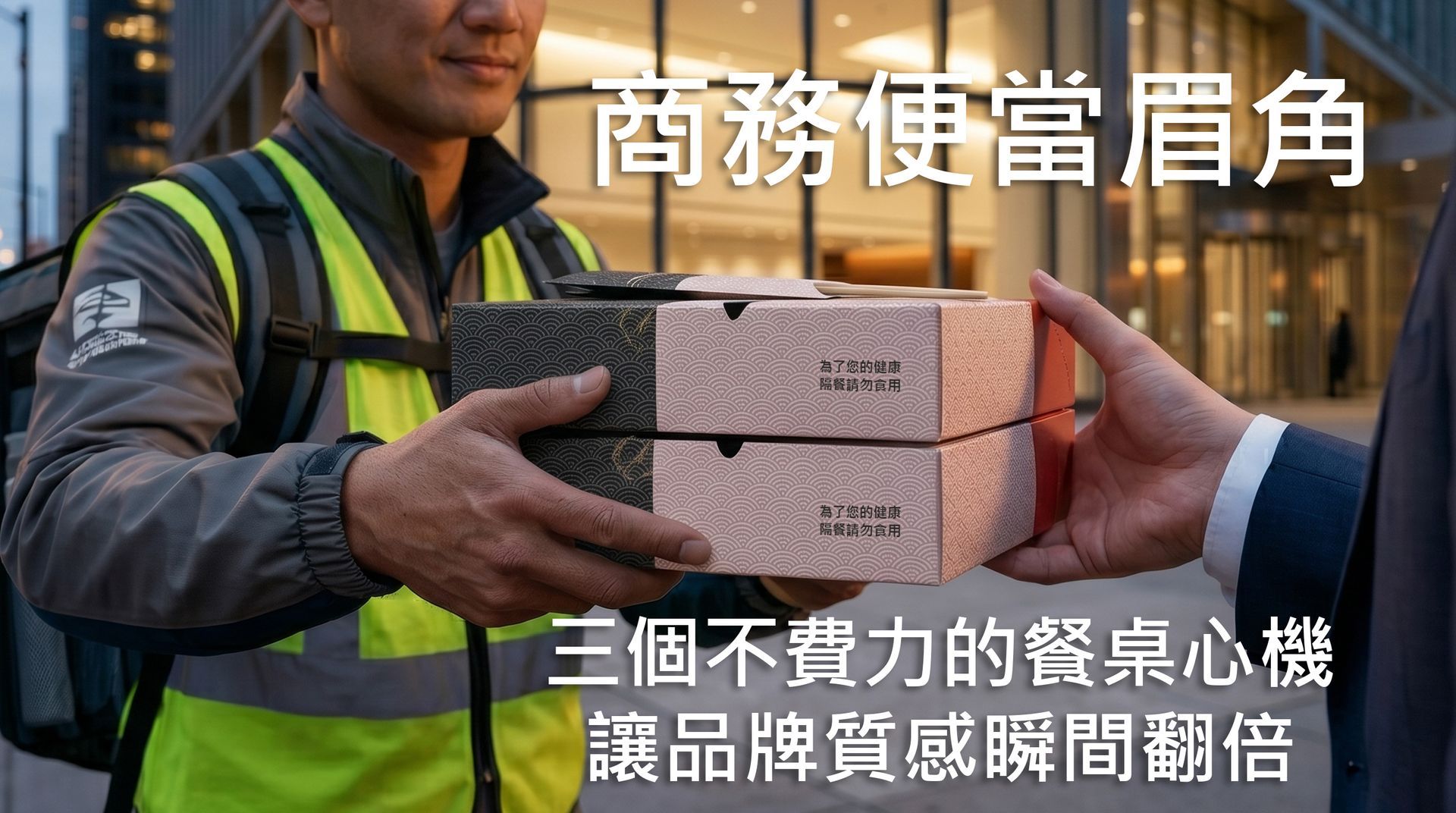 一名身穿背心的外送員遞送兩盒精緻的粉色禮盒式商務便當給職場客戶。圖片上方印有文字「商務便當眉角：三個不費力的餐桌心機，讓品牌質感瞬間翻倍」。