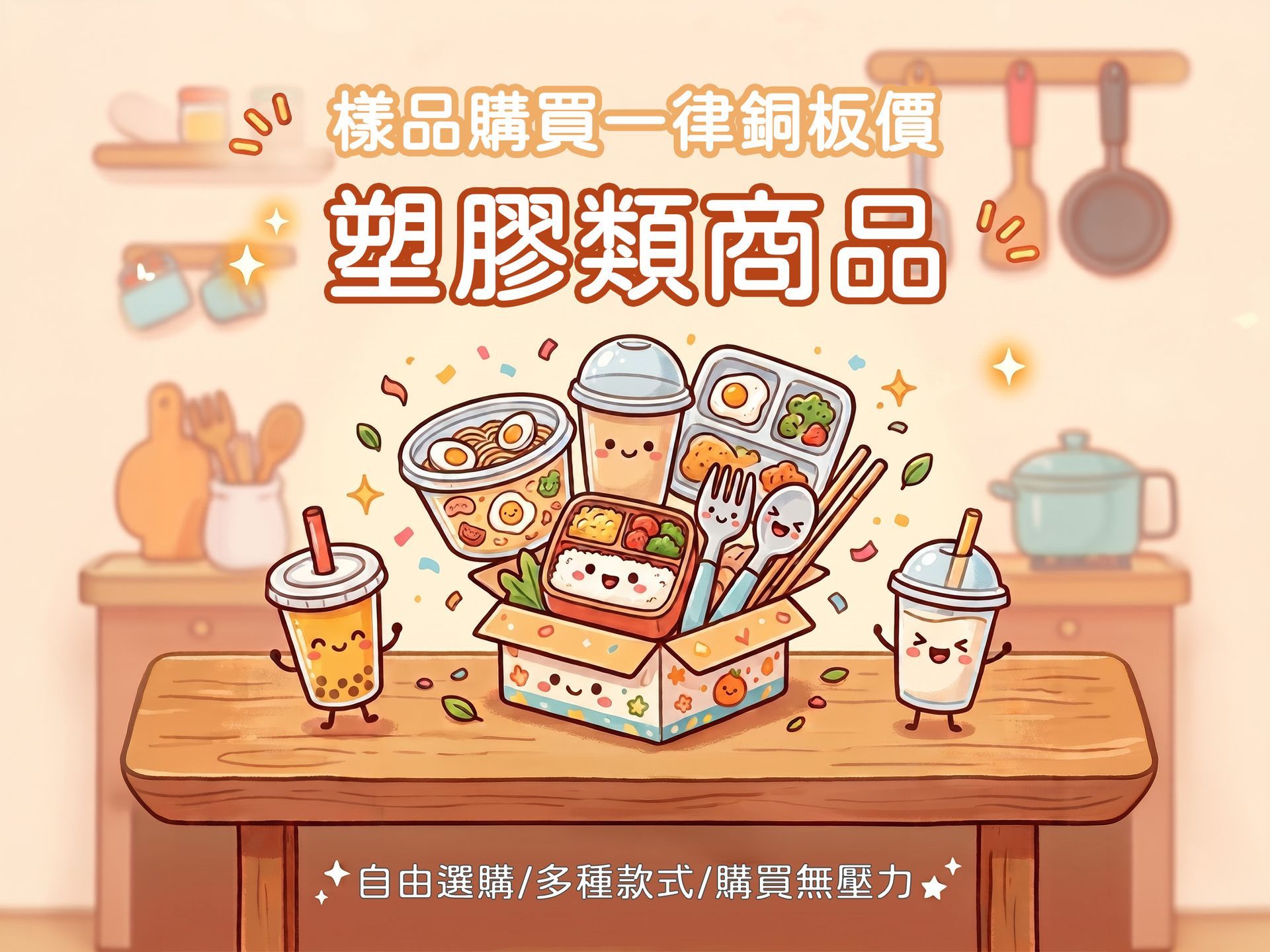 塑膠類餐具餐盒樣品購買區，提供銅板價試用方案，協助店家低門檻測試適合的外帶包裝產品。