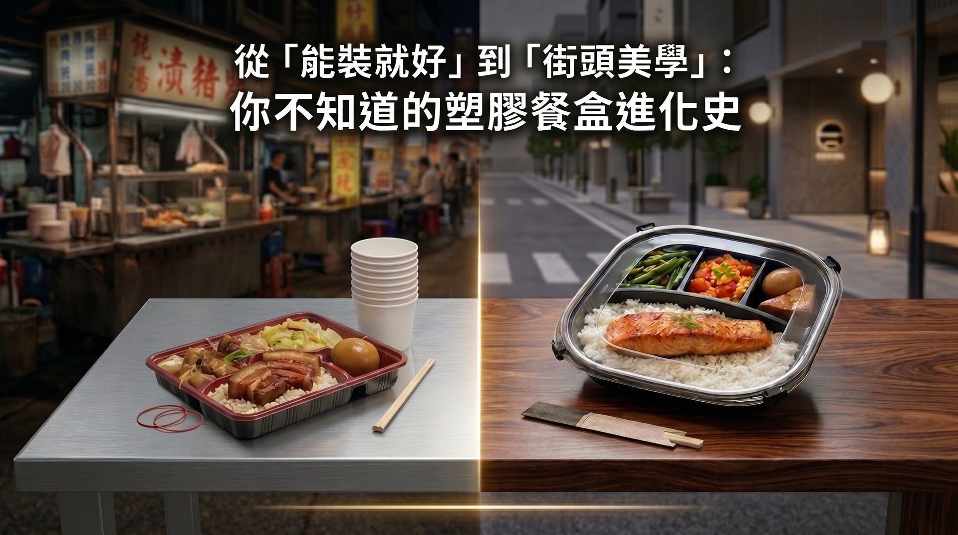 圖片一分為二對比外帶餐盒演變。左邊是傳統小吃攤與單格便當盒；右邊是現代街頭餐酒館與精緻的多格日本料理紙餐盒。左上方印有標題「從能裝就好到街頭美學：你不知道的塑膠餐盒進化史」。