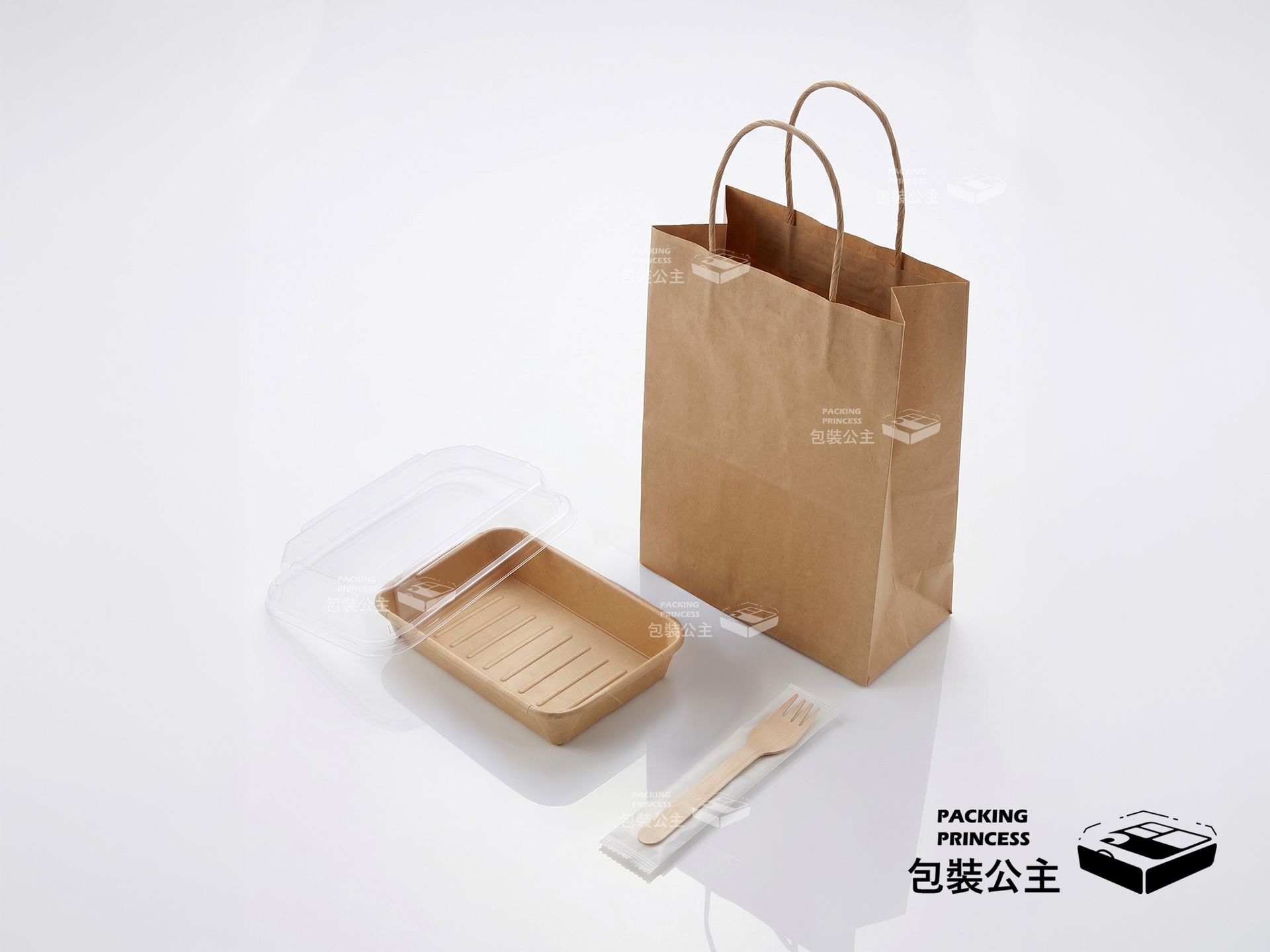 【小島拾光】牛皮餐盒四件套組，包含紙袋、透明蓋餐盒與木叉，完整外帶包裝方案