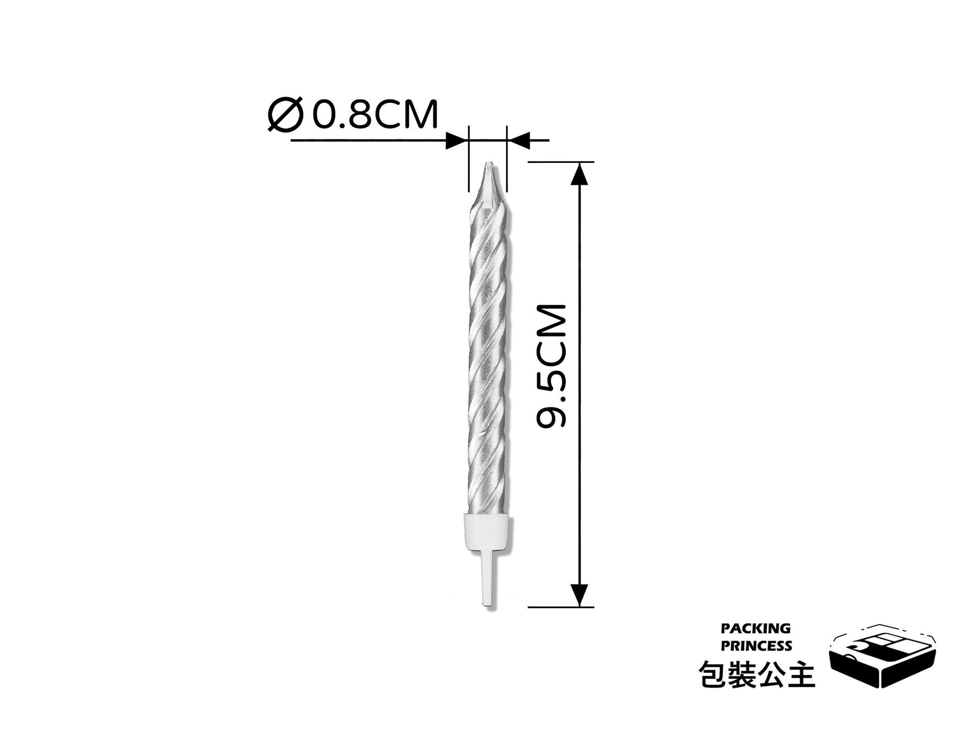 GFA-3 銀色螺旋金屬光澤蠟燭：精緻螺旋設計，高質感金屬銀色塗層，不掉漆不滴蠟，提升生日蛋糕與節慶派對的視覺層次感